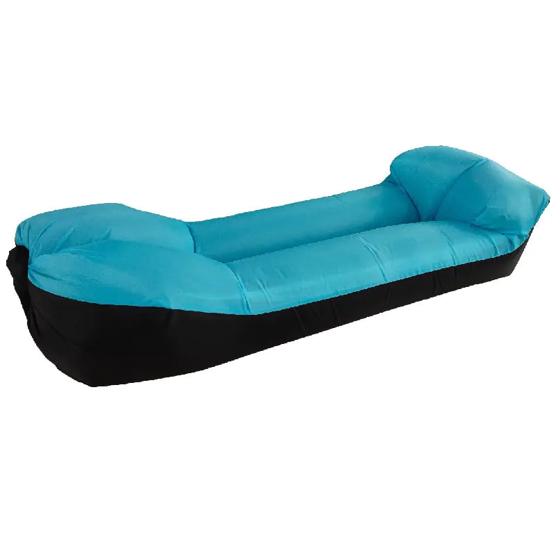 Blue and black Relax™ Inflatable Sofa Bed, fully inflated and ready for use. Ideal for camping, beach trips, and backyard lounging.