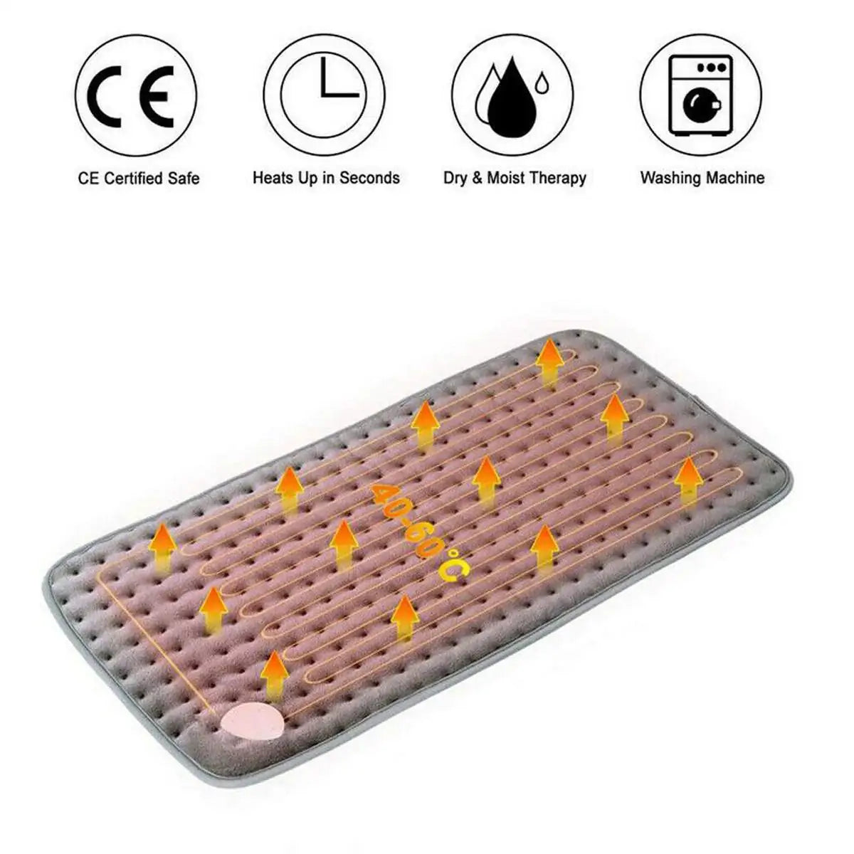 Electric heating pad with CE certification, quick heating, dry and moist therapy options, and machine washable design for convenience.