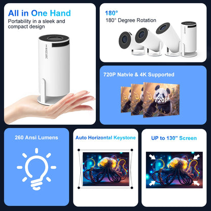 Compact and portable Movieclub™ Ultra HD projector with 180-degree rotation, 720P native resolution, 260 ANSI lumens, and up to 130-inch screen size.