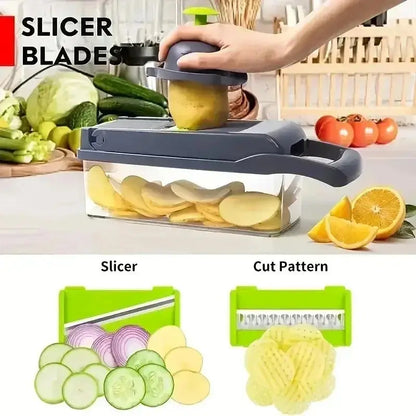 Vegetable slicer with interchangeable blades, slicing cucumbers and potatoes into thin and patterned slices. Ideal for precise food preparation.