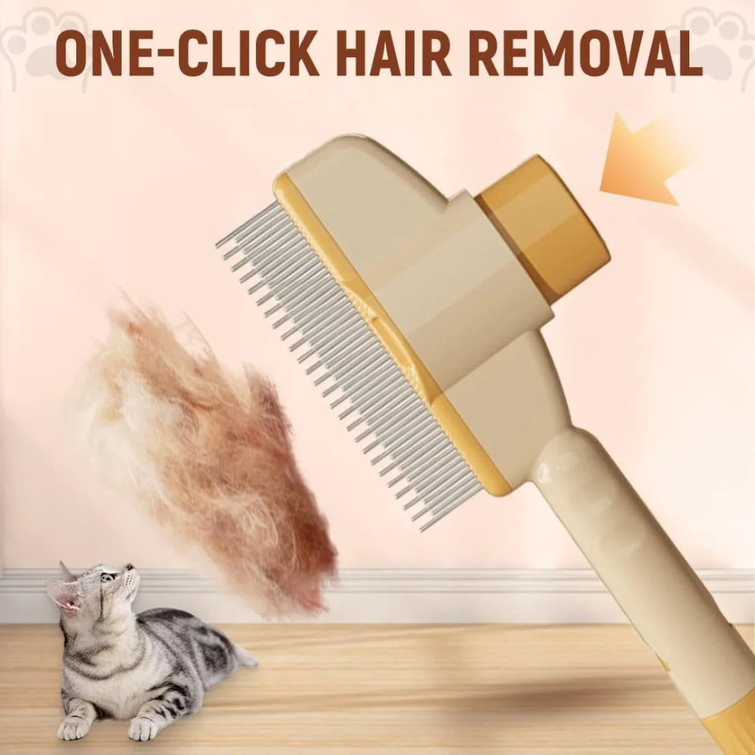 One-click hair removal pet grooming brush with an automatic fur release button. Ideal for easy cleaning and maintaining a pet’s coat health.