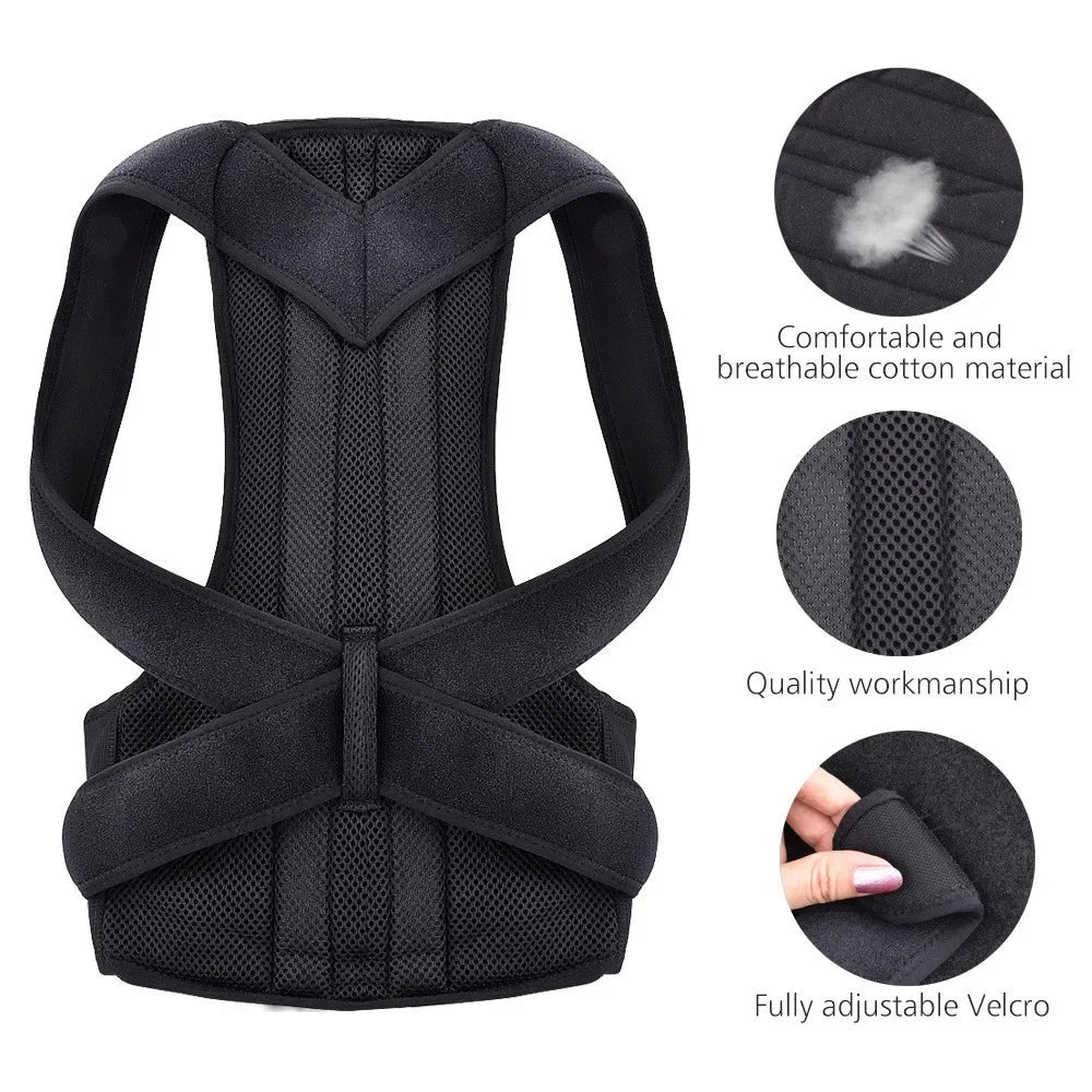 Close-up of Fitclub™ Male Female Adjustable Posture Corrector, highlighting breathable cotton material, quality workmanship, and adjustable Velcro straps.