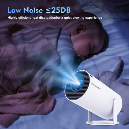 Low-noise Movieclub™ Ultra HD projector with ≤25DB sound level, ideal for quiet viewing experiences, projecting an image while a baby sleeps.