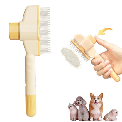 Pet hair grooming brush with self-cleaning feature, designed for removing loose fur and dirt from dogs and cats. Ergonomic handle for comfortable grip.