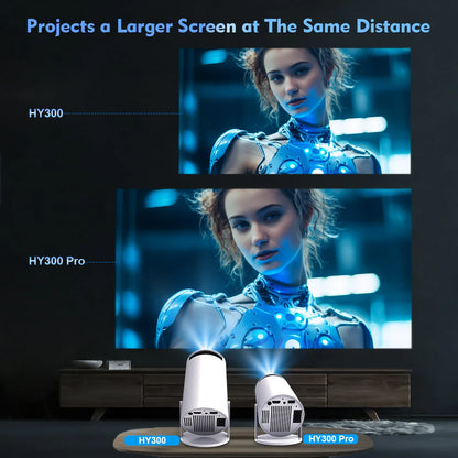 Movieclub™ Ultra HD home/outdoor projector comparison showing HY300 and HY300 Pro models. The HY300 Pro projects a larger, sharper image at the same distance.