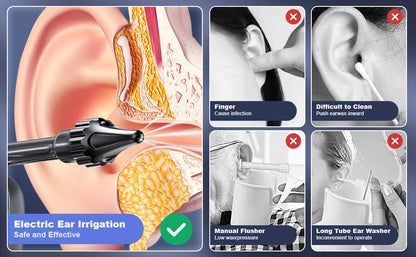 Comparison of electric ear irrigation vs. traditional ear cleaning methods. Highlights the benefits of water-powered ear wax removal.