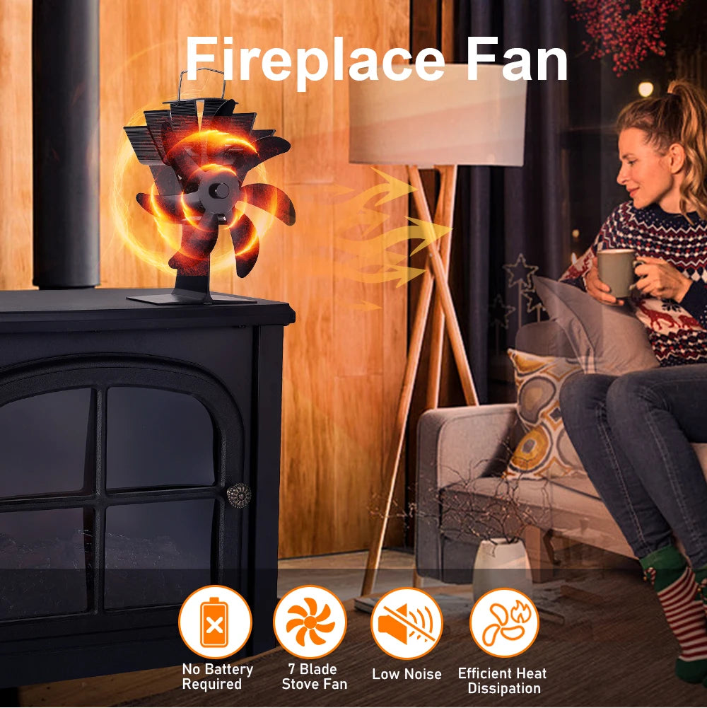 Blade heat-powered stove fan on a wood stove, efficiently distributing heat in a cozy living room setting.