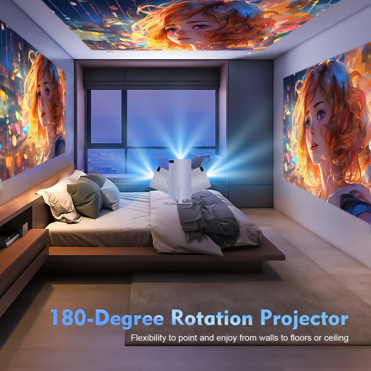 180-degree rotation Movieclub™ Ultra HD projector, allowing flexible projection on walls, floors, or ceilings for an immersive viewing experience.