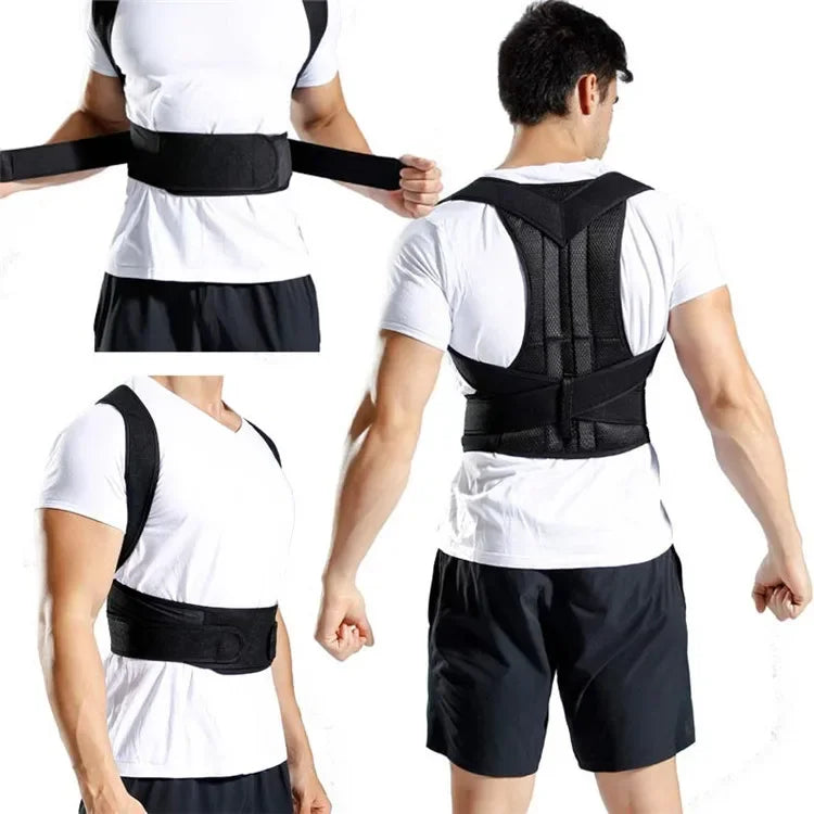 Man wearing Fitclub™ Male Female Adjustable Posture Corrector, demonstrating adjustable straps and waist support for better posture correction.