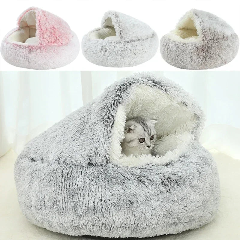 WinterPlus™ Enclosed Pet Cat Bed in gray with plush fabric, providing a cozy and warm space for cats. Features a semi-enclosed design for comfort.