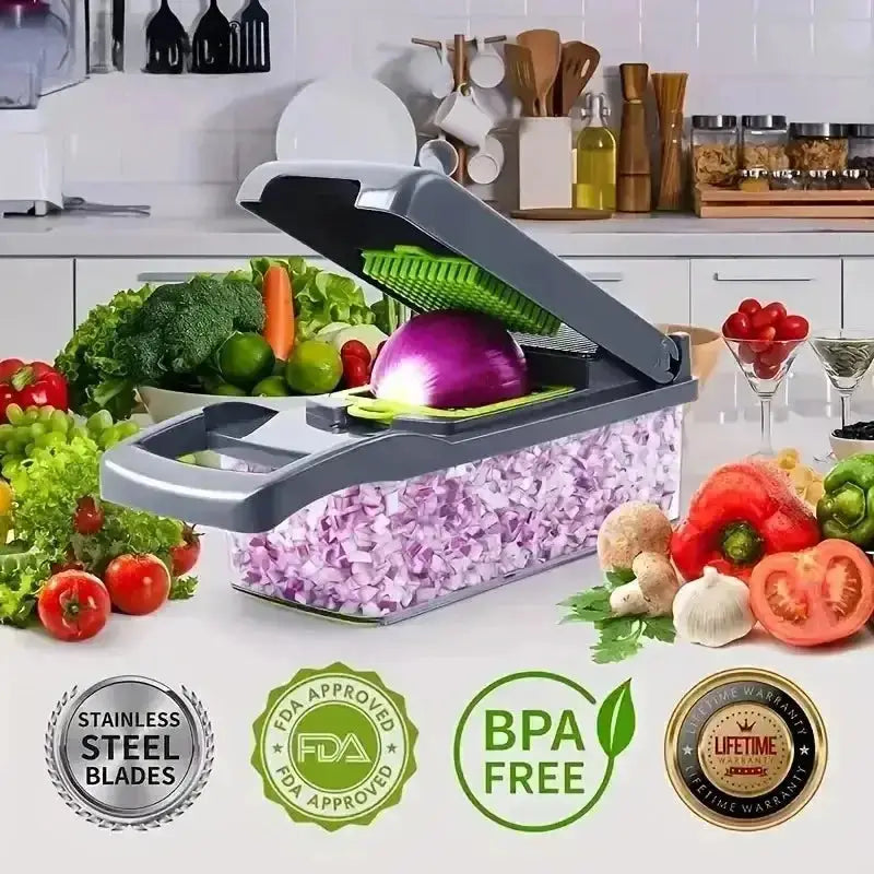 BPA-free multifunctional vegetable chopper in a kitchen setting, chopping onions with stainless steel blades. FDA-approved food-safe design.