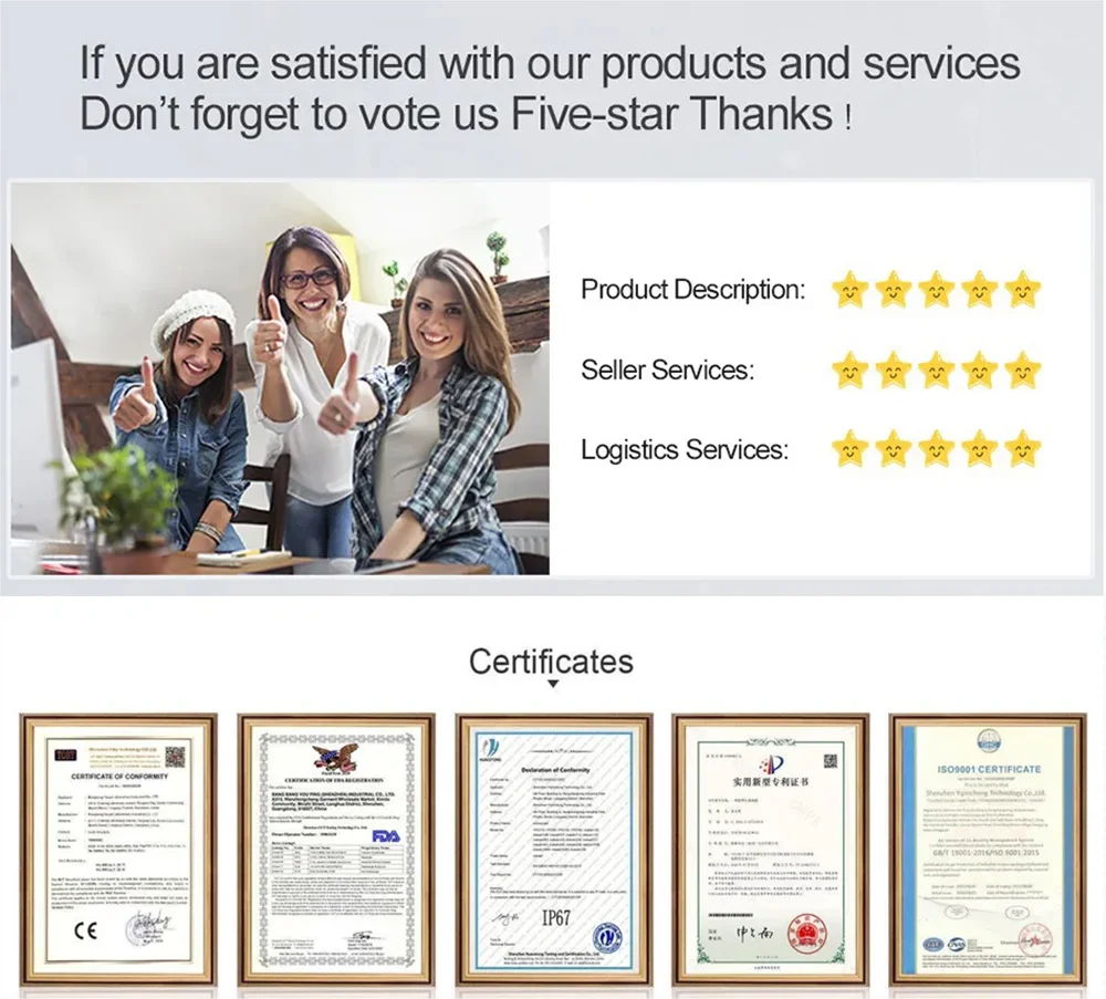 Customer satisfaction and certification display for the rechargeable ear wax removal kit. Encourages five-star reviews and trust in quality.