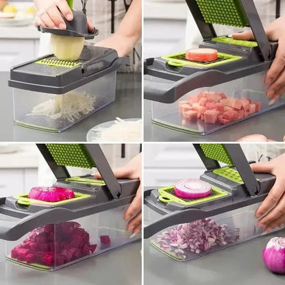 Multifunctional vegetable cutter demonstrating various chopping styles, including dicing onions, slicing potatoes, and shredding vegetables.