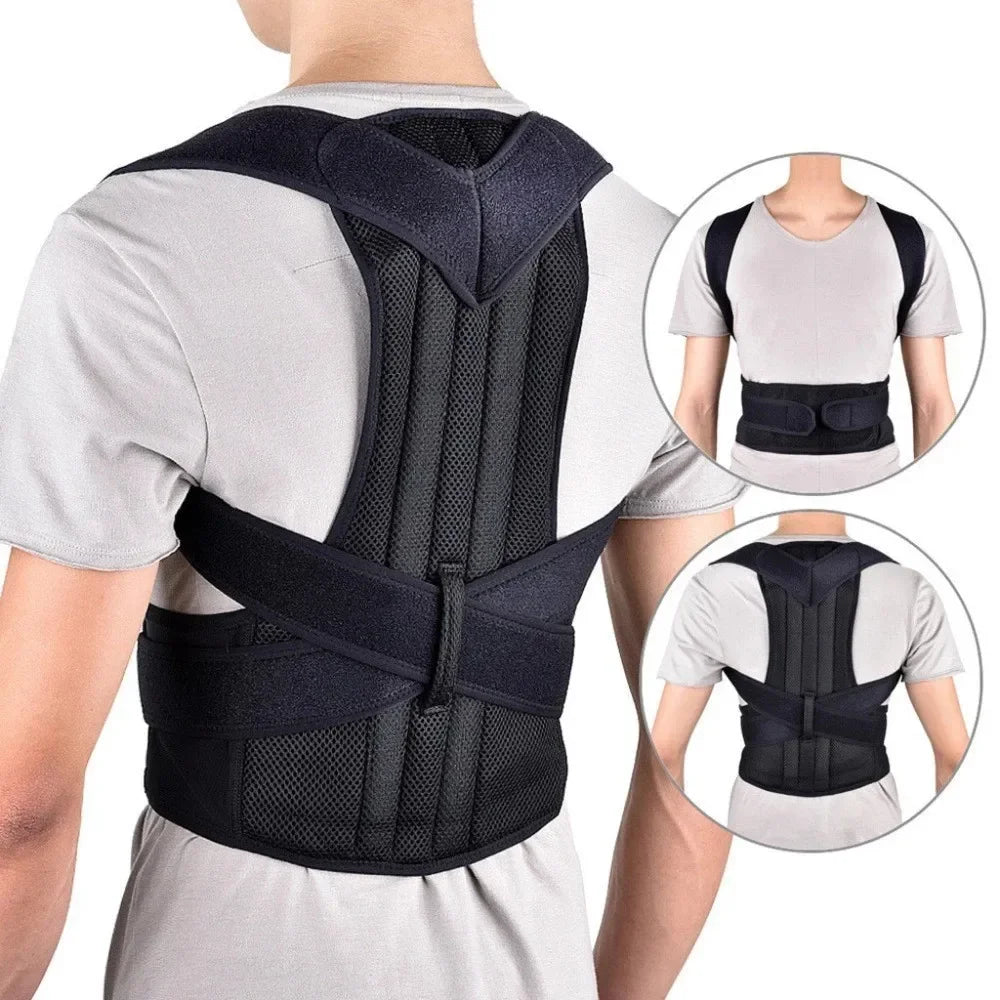 Black Fitclub™ Male Female Adjustable Posture Corrector worn by a man, with two inset images showing front and back views for better posture support.