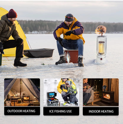 Multi-purpose heating solutions including outdoor heating, ice fishing use, and indoor heating with a stove fan.