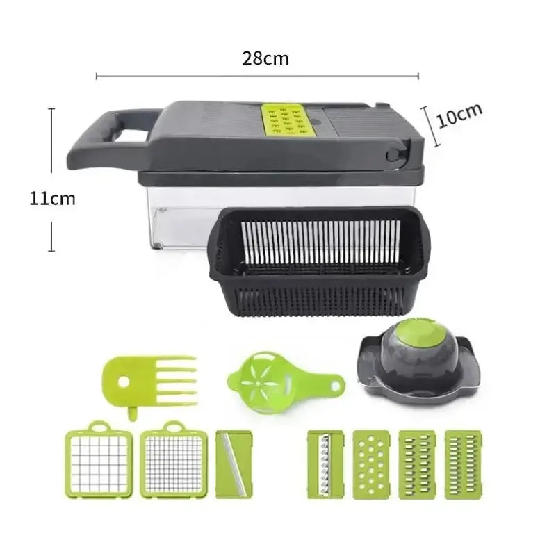 Compact vegetable chopper with dimensions of 28cm x 11cm x 10cm, featuring multiple accessories including a draining basket and safety holder.