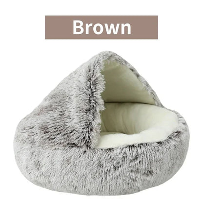 WinterPlus™ Enclosed Pet Cat Bed in brown, featuring a plush and semi-enclosed design for warmth and security.