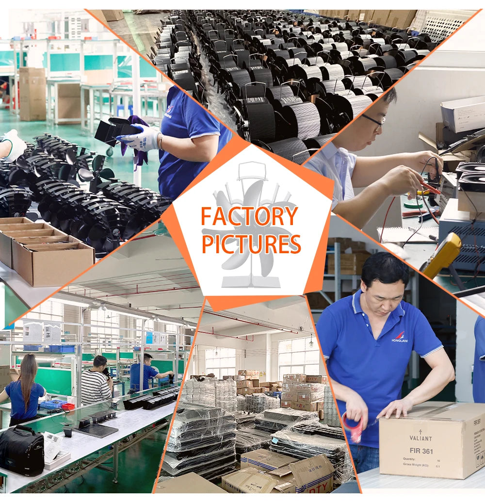 Factory images displaying the manufacturing process of the blade heat-powered stove fan, ensuring quality production.