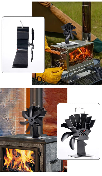 Versatile stove fan used on different heating setups, including wood stoves and portable camping stoves.