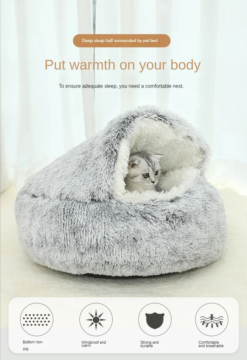 A cat resting inside the WinterPlus™ Enclosed Pet Cat Bed, highlighting its plush fabric, windproof design, and comfortable nest-like structure.