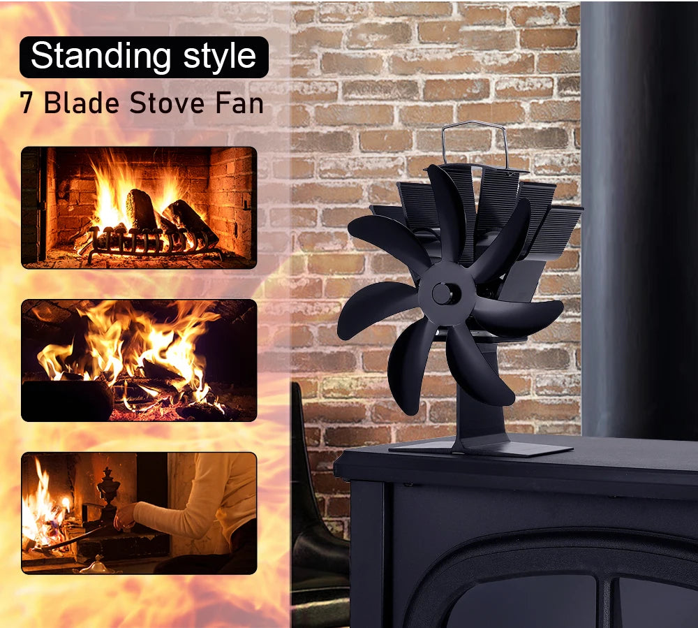 Standing style 7-blade stove fan placed on a wood stove, enhancing heat circulation with no electricity required.