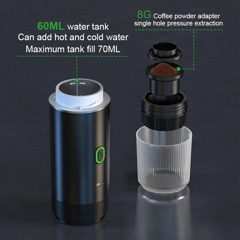 Close-up of the espresso maker's 60ML water tank and 8G coffee powder adapter. Features single-hole pressure extraction for rich espresso flavor.