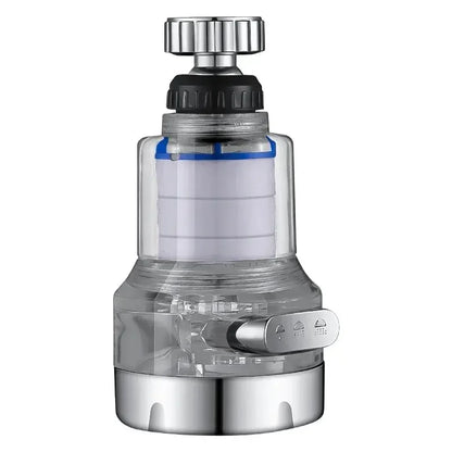 Close-up of the AquaPure™ 360° Tap Water Purifier, featuring a transparent shell and an adjustable water flow control switch.