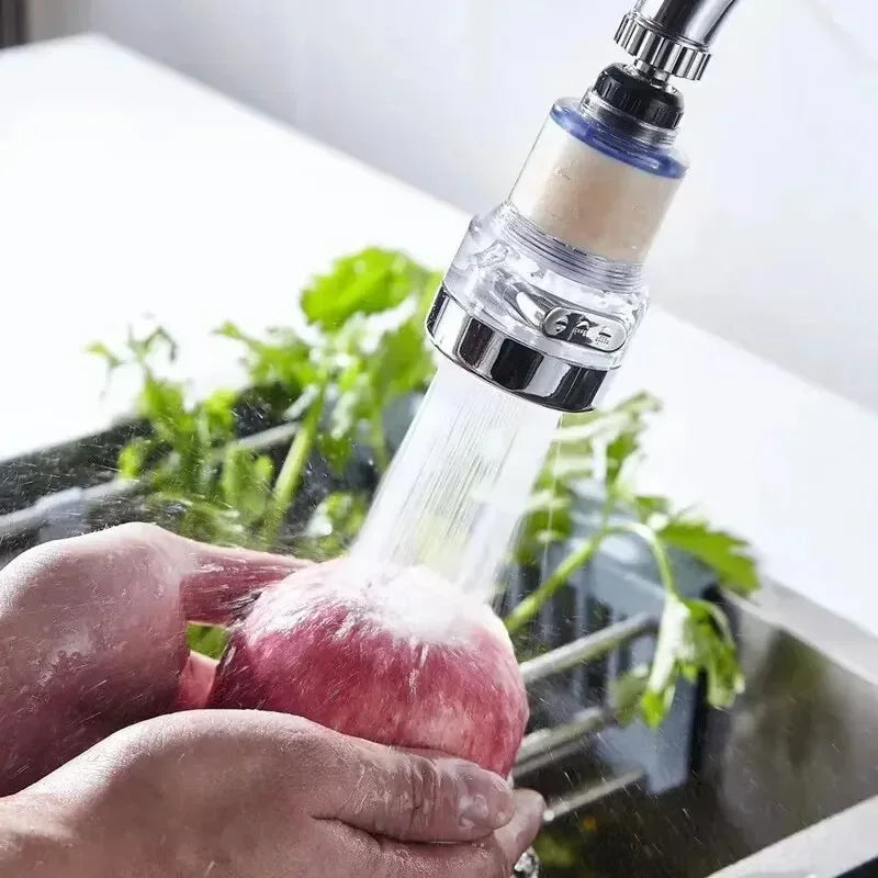 AquaPure™ 360° Tap Water Purifier installed on a kitchen faucet, providing a high-pressure water stream for washing fruits and vegetables.