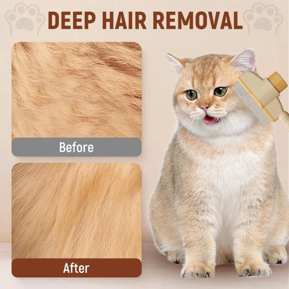 Deep hair removal pet grooming brush showing before and after results on a cat’s fur. Ideal for effectively reducing shedding and maintaining coat health.