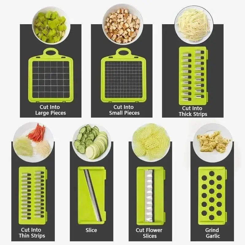 Set of 7 vegetable chopper blades for different cuts, including large and small cubes, thick and thin strips, slices, flower cuts, and garlic grating.