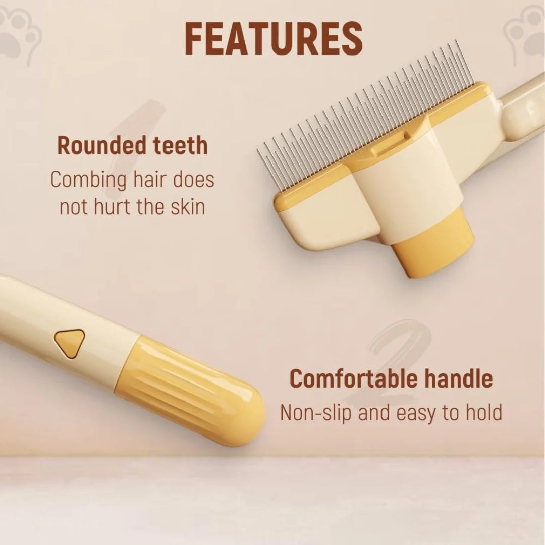 Pet hair grooming brush with rounded teeth for gentle combing and a non-slip handle for easy grip. Designed for safe and comfortable pet grooming.