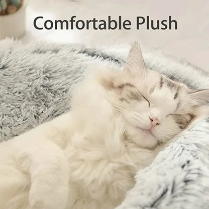 A fluffy white cat sleeping comfortably in the WinterPlus™ Enclosed Pet Cat Bed. The plush material ensures warmth and relaxation.