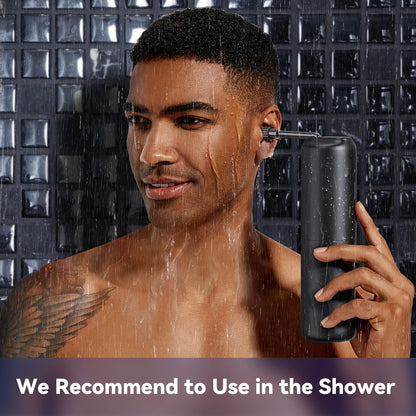 Man using a rechargeable ear wax removal kit in the shower. Waterproof design ensures safe and effective ear cleaning.