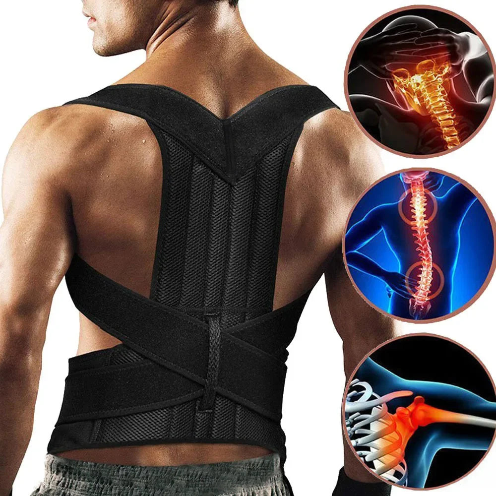 Fitclub™ Male Female Adjustable Posture Corrector worn by a muscular man, with medical illustrations highlighting spinal support and pain relief benefits.