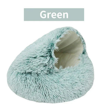 WinterPlus™ Enclosed Pet Cat Bed in green, made of soft plush material, offering a cozy and warm space for cats.