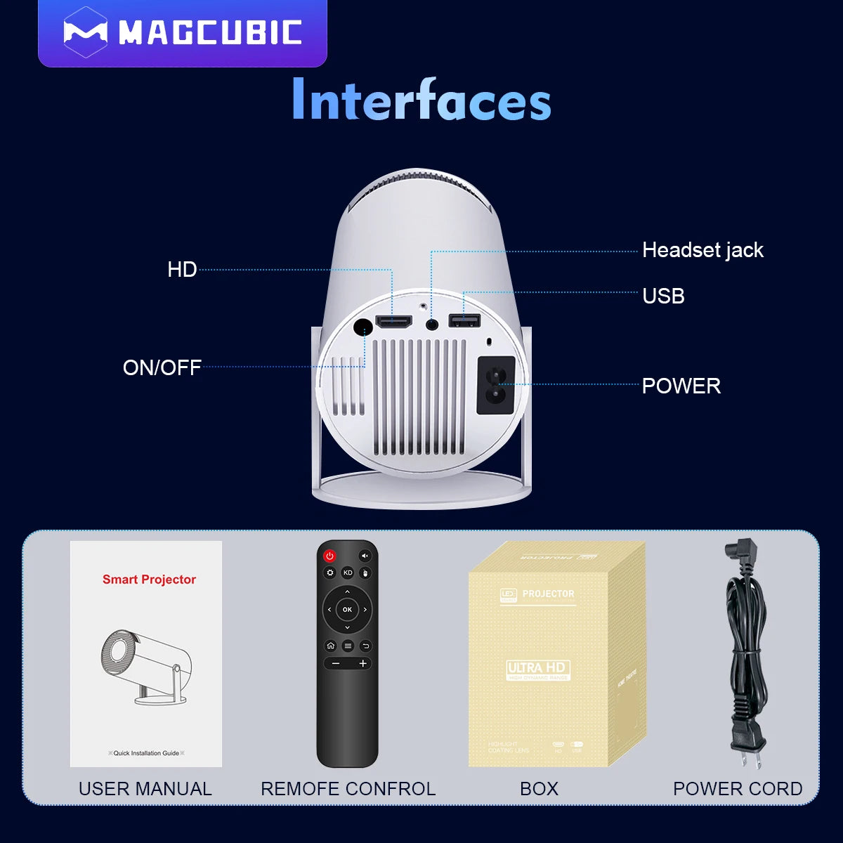 MAGCUBIC smart projector interface showing HD, USB, power, and headset jack ports. Includes accessories: user manual, remote control, box, and power cord.