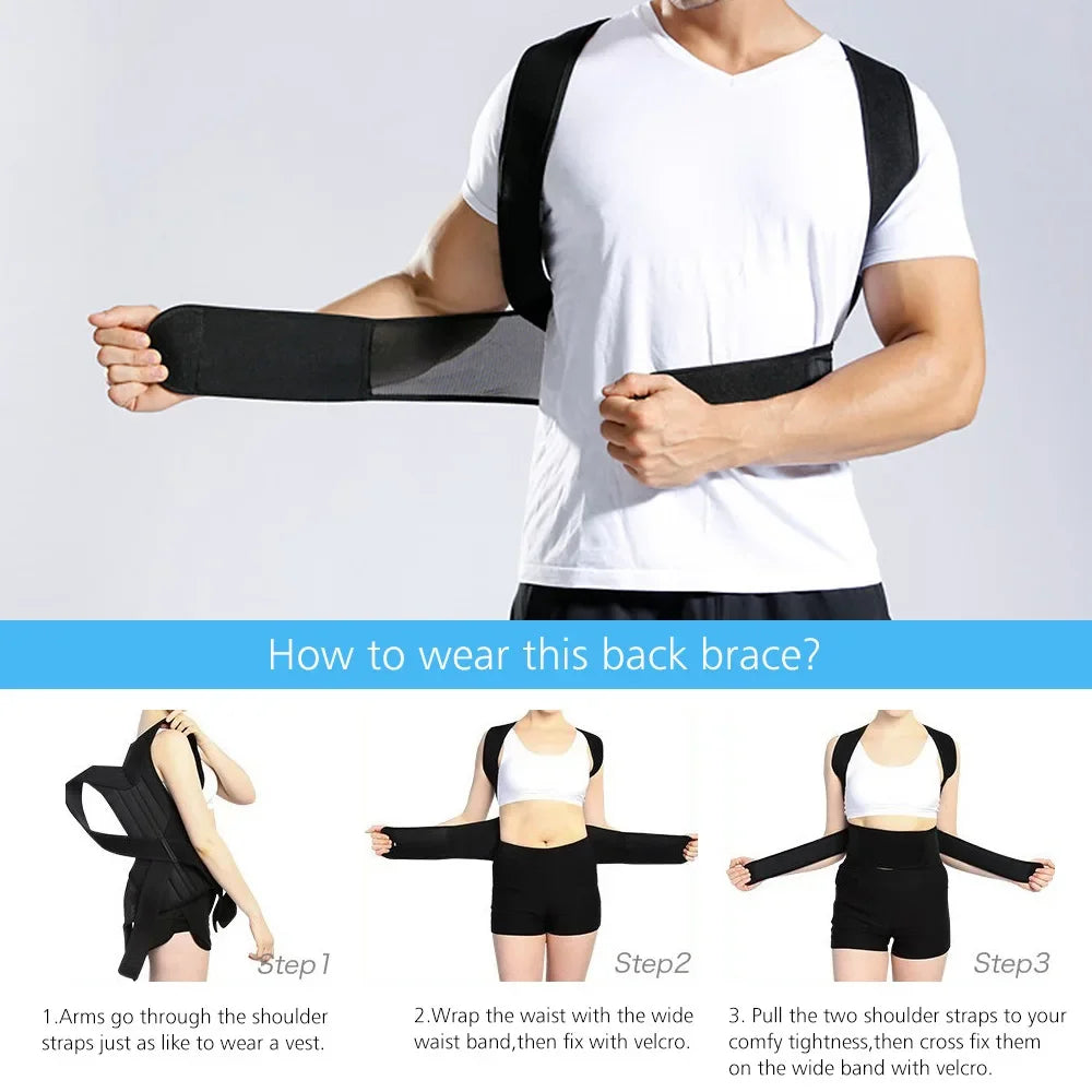 Step-by-step guide on how to wear the Fitclub™ Male Female Adjustable Posture Corrector, featuring images of men and women adjusting the straps.