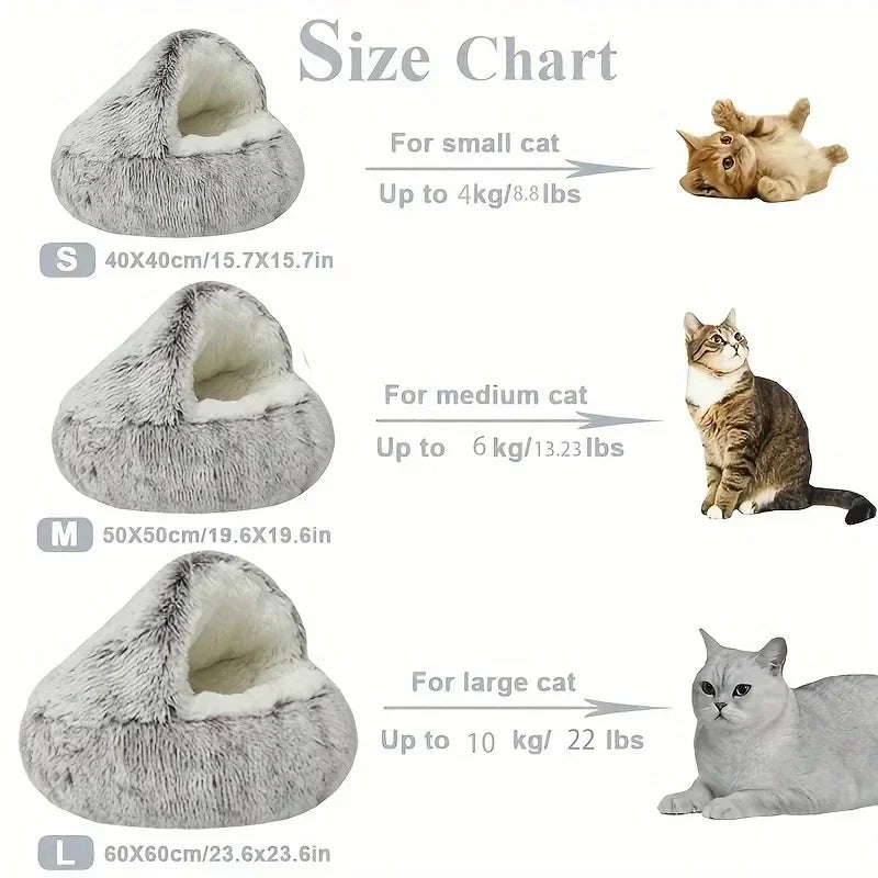 Size chart for WinterPlus™ Enclosed Pet Cat Bed, available in small, medium, and large sizes, suitable for cats up to 10kg (22 lbs).