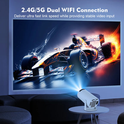 Movieclub™ Ultra HD home/outdoor projector displaying a high-speed racing car image on a large screen. Features 2.4G/5G dual WiFi connection for stable video input.