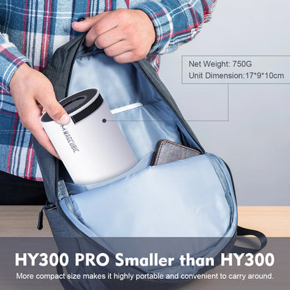 Compact and lightweight Movieclub™ Ultra HD projector, easily fitting into a backpack for portability, weighing 750g with dimensions of 17×9×10cm.