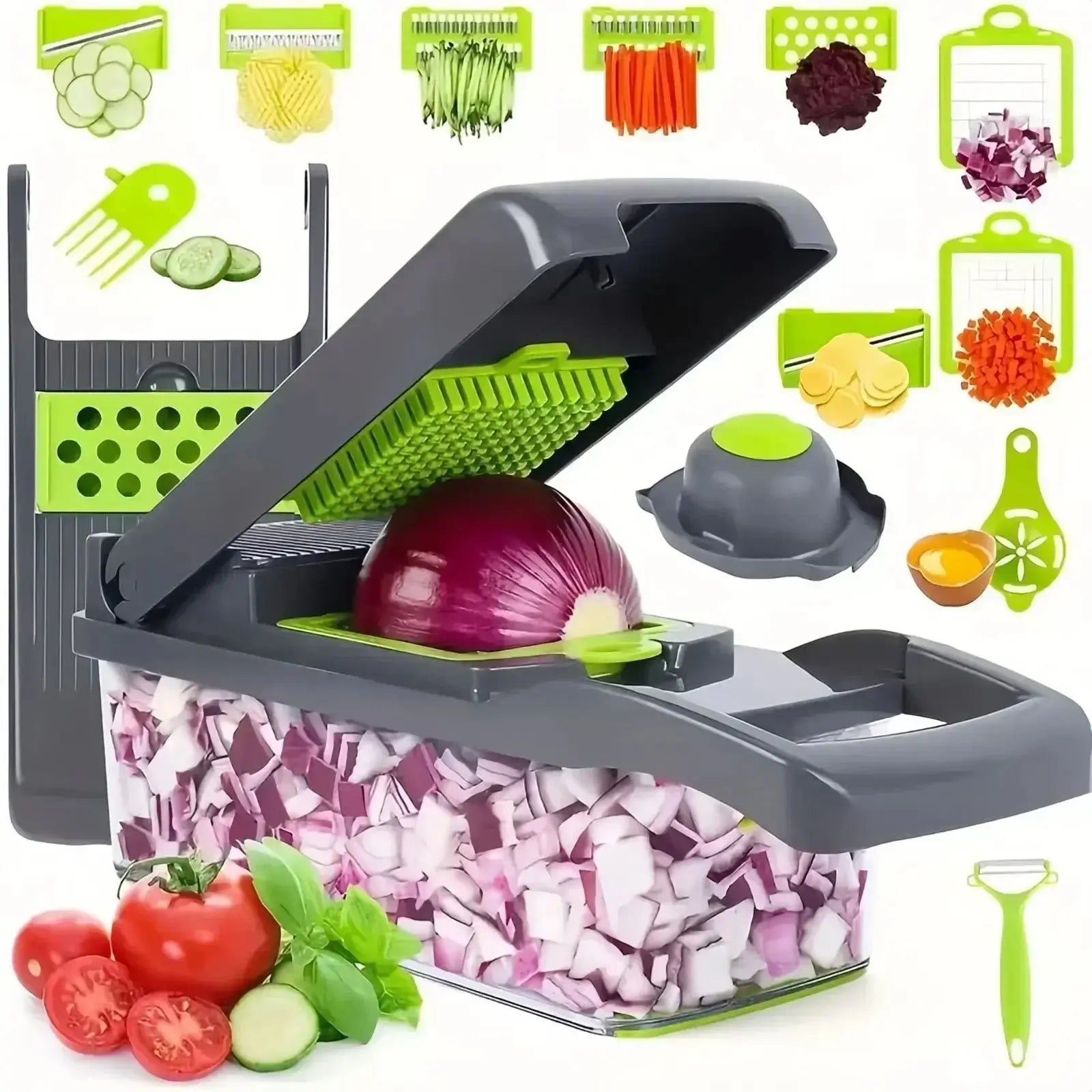 Multifunctional vegetable chopper with multiple blade options, chopping onions into small cubes. Includes accessories for efficient food prep.