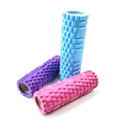 Fitclub™ Foam Massage Rollers in purple, blue, and pink, featuring textured surfaces for deep tissue muscle relief.