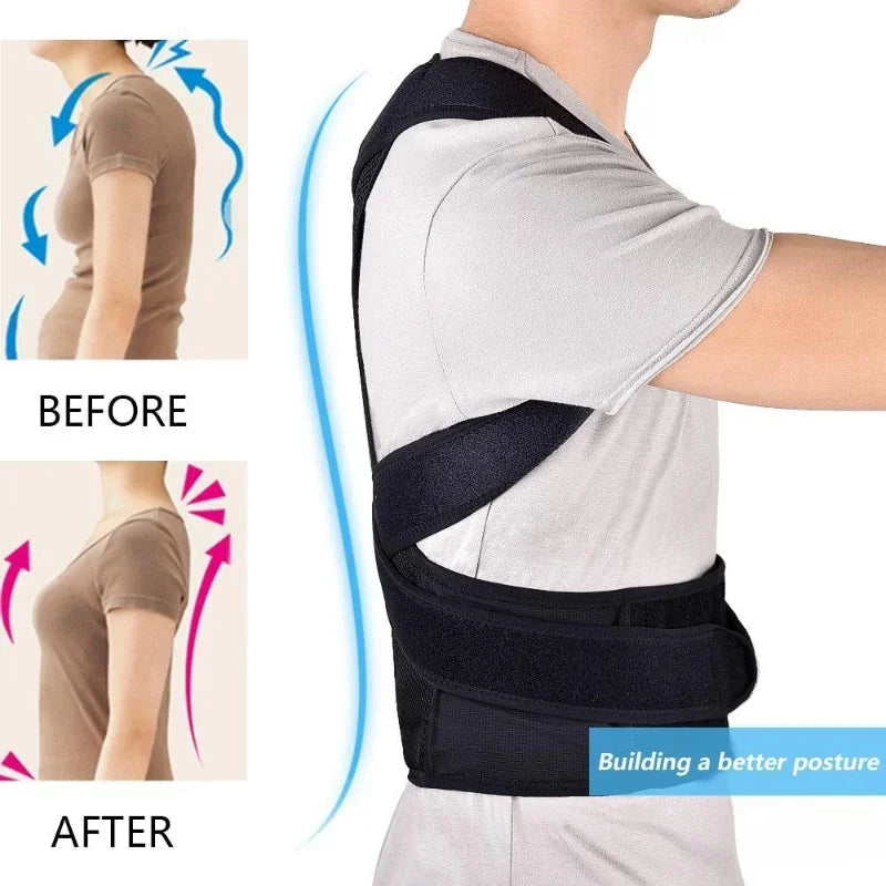 Side view of a person wearing the Fitclub™ Male Female Adjustable Posture Corrector, illustrating before and after posture correction benefits.