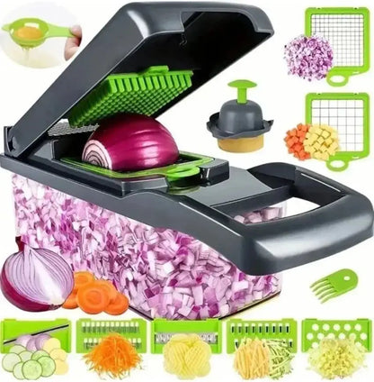 Versatile vegetable chopper with interchangeable blades, dicing onions and slicing various vegetables. Includes a peeler and cleaning tools.