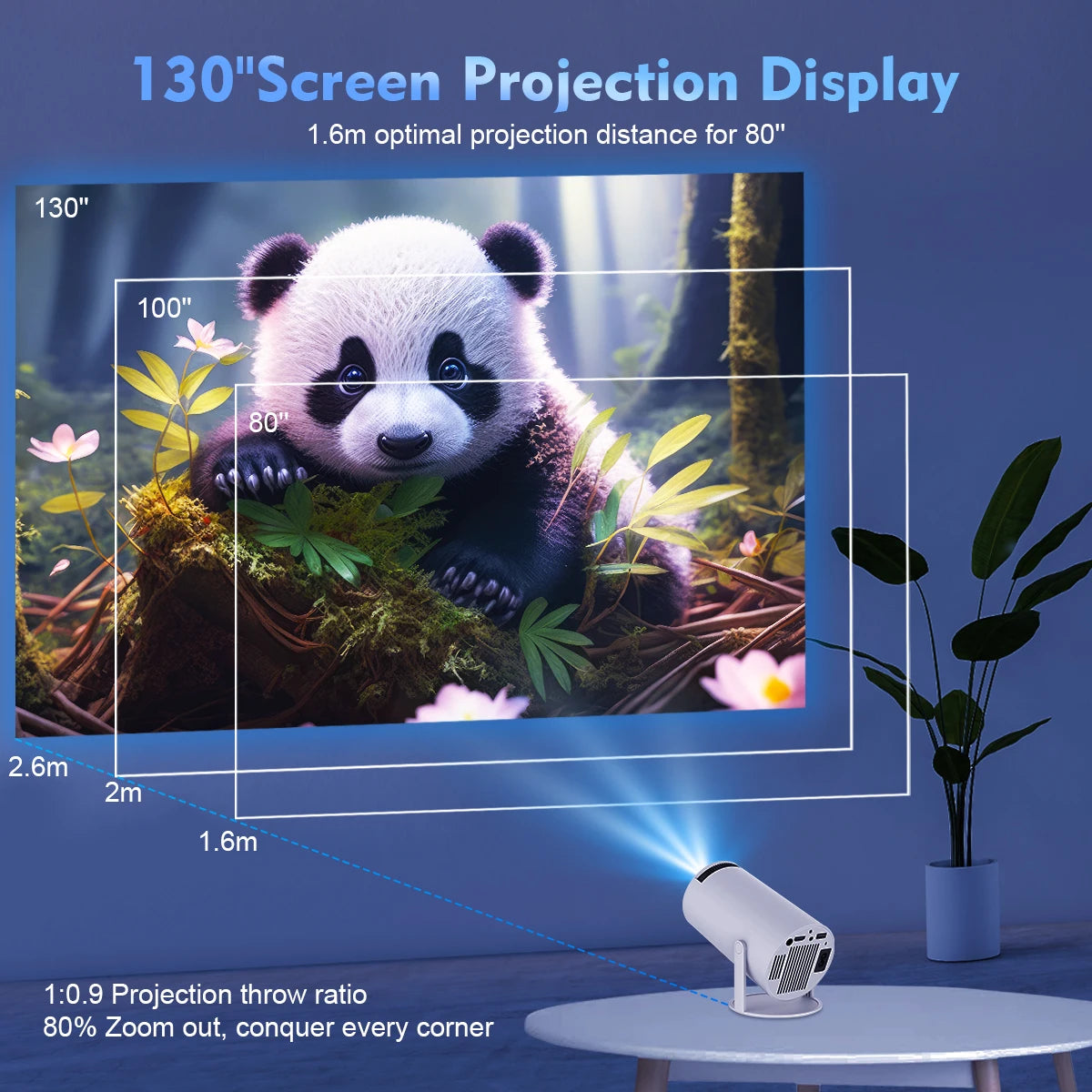 Movieclub™ Ultra HD home/outdoor projector displaying a high-resolution image of a panda on a 130-inch screen. Features 1.6m optimal projection distance and 1.0:9 throw ratio for sharp visuals.