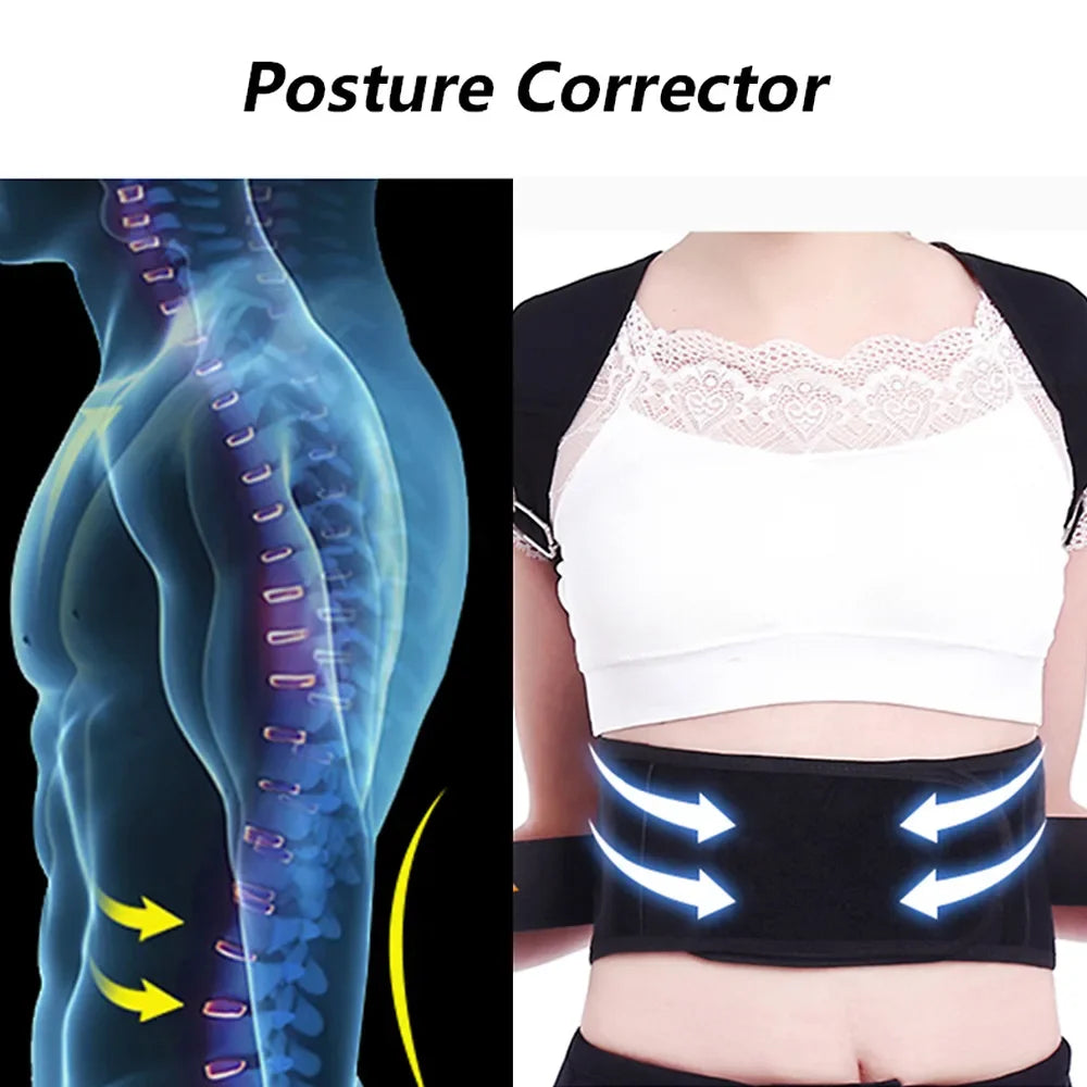 Illustration of Fitclub™ Male Female Adjustable Posture Corrector, showing spinal alignment benefits and waist compression for improved posture.