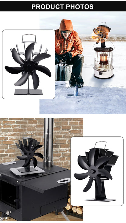 Product photos showcasing the 7-blade heat-powered stove fan in various heating applications, including ice fishing and indoor use.