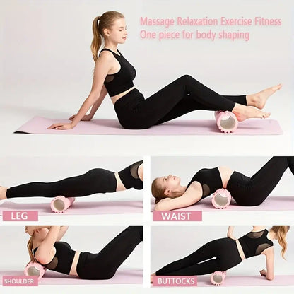 Woman demonstrating Fitclub™ Foam Massage Roller exercises for legs, waist, shoulders, and buttocks on a yoga mat.