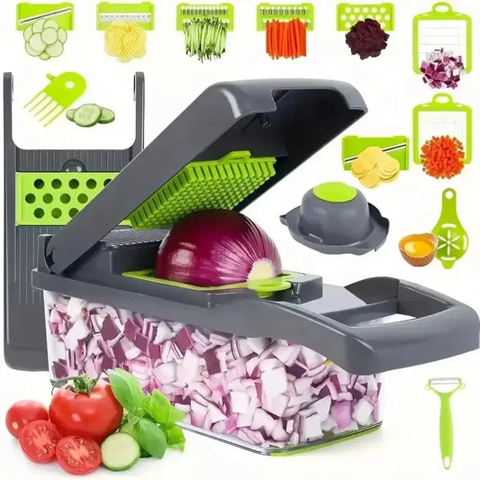 Multifunctional vegetable chopper with 7 interchangeable blades, chopping red onion into small cubes. Includes peeler, mitten, and cleaning brush.