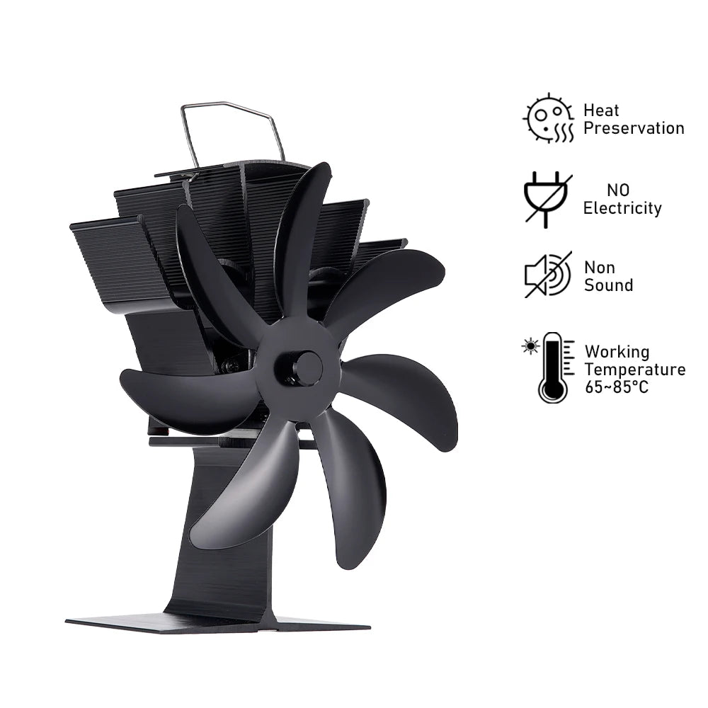 Black 7-blade heat-powered stove fan with heat preservation, silent operation, and a working temperature of 65-85°C.